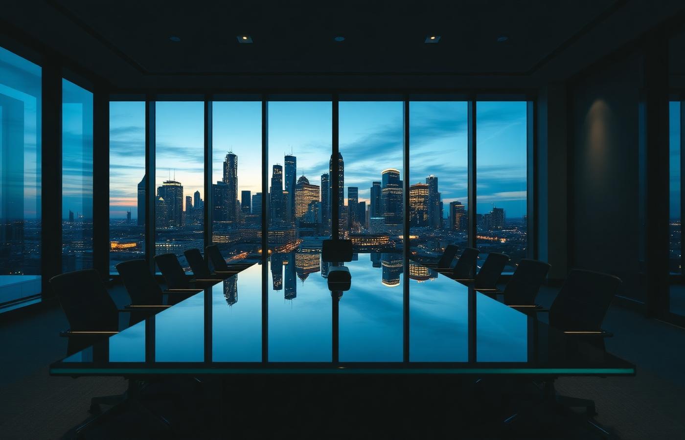 Executive boardroom overlooking the Houston skyline at dusk