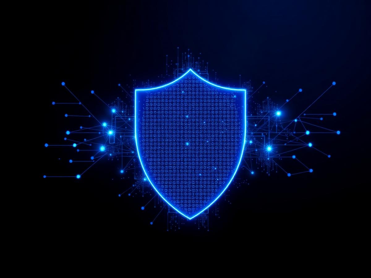 Abstract illustration of a digital security shield protecting a connected network